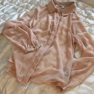 Pearls on this pink chiffon shirt!